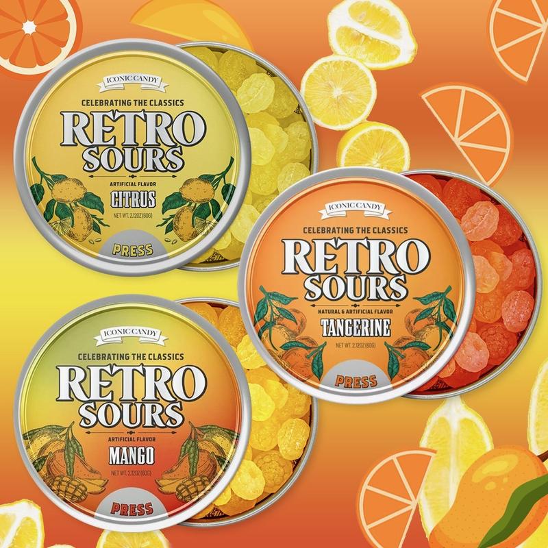Retro Sour Tins (3 Pack)- Hard Tangy Candy - Tangerine, Citrus, Mango