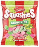 Squashies Drumstick Candy - Strawberry, Sour Cherry and Apple, Bubblegum, Rhubarb and Custard ,Original Raspberry and Milk Flavor Candies 120g Each - Imported from the UK