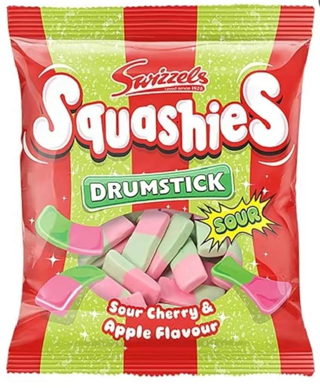 Squashies Drumstick Candy - Strawberry, Sour Cherry and Apple, Bubblegum, Rhubarb and Custard ,Original Raspberry and Milk Flavor Candies 120g Each - Imported from the UK