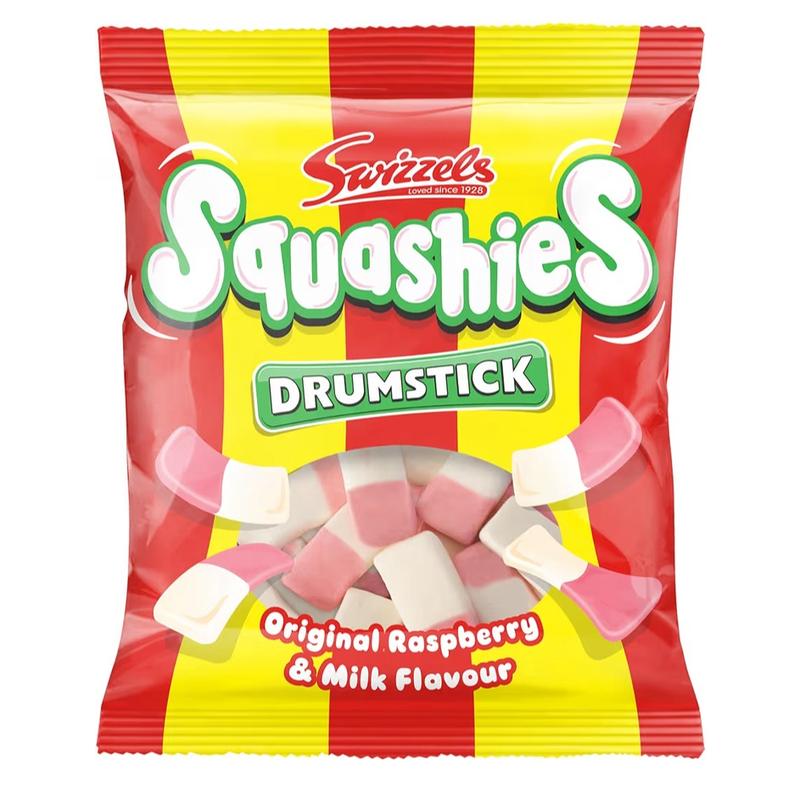 Squashies Drumstick Candy - Strawberry, Sour Cherry and Apple, Bubblegum, Rhubarb and Custard ,Original Raspberry and Milk Flavor Candies 120g Each - Imported from the UK